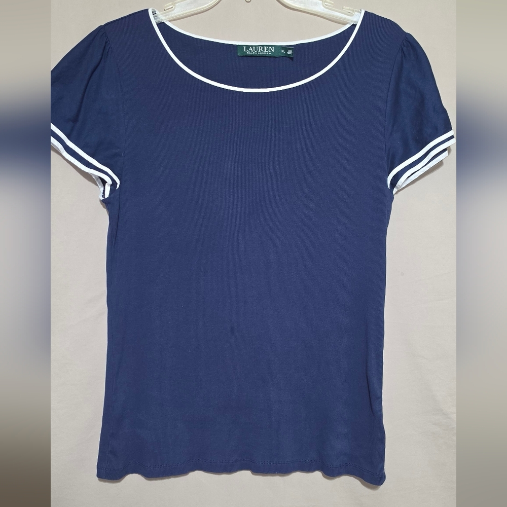 Lauren Ralph Lauren Navy Scoop Neck Short Sleeve Top with White Trim